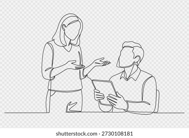 Una simple ilustración de dibujo lineal de un hombre y una mujer involucrados en una discusión colaborativa, con el hombre sentado y sosteniendo una tableta digital, mientras la mujer se para a su lado, gesticulando mientras revisan o discuten el contenido en el dispositivo juntos.