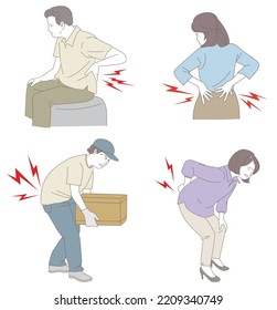 Simple line drawing illustration of people suffering from back pain