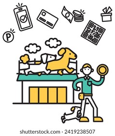 A simple line drawing illustration of a pet shop.
