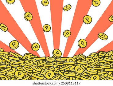 A simple line drawing illustration of point coins falling in large numbers and forming a mountain.