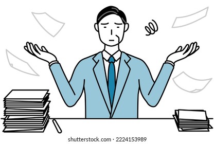 Simple line drawing illustration of a Senior businessmen, executives, managers and presidents who is fed up with his unorganized business.