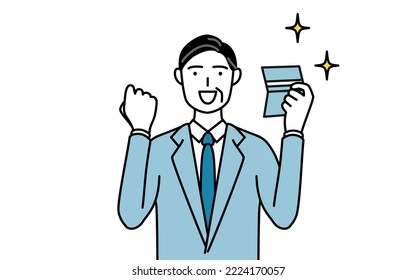 Simple line drawing illustration of a Senior businessmen, executives, managers and presidents who is pleased to see a bankbook.