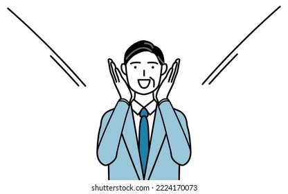 Simple line drawing illustration Senior businessmen  executives  managers   presidents calling out and his hand over his mouth 