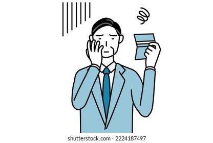 Simple line drawing illustration of a Senior businessmen, executives, managers and presidents looking at his bankbook and feeling depressed.