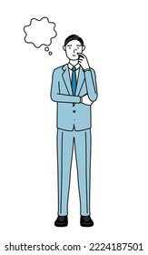 Simple line drawing illustration of a Senior businessmen, executives, managers and presidents thinking while scratching his face.