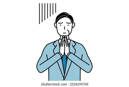 Simple line drawing illustration of a Senior businessmen, executives, managers and presidents apologizing with his hands in front of his body.