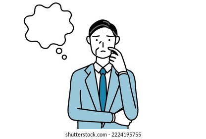 Simple line drawing illustration of a Senior businessmen, executives, managers and presidents thinking while scratching his face.