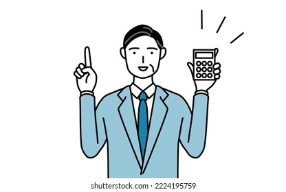 Simple line drawing illustration of a Senior businessmen, executives, managers and presidents holding a calculator and pointing.