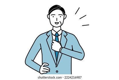 Simple line drawing illustration of a Senior businessmen, executives, managers and presidents tapping his chest.