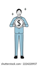 Ilustración de líneas simples de un empresario de alto nivel, ejecutivos, gerentes y presidentes, con imágenes de ganancias en moneda extranjera y apreciación del dólar.