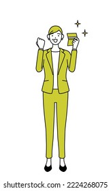 Simple line drawing illustration of a Senior woman in suit,female manager, career woman who is pleased to see a bankbook.