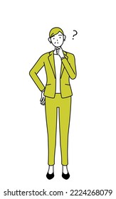 Ilustración simple en línea de una anciana con traje, mujer gerente, mujer de carrera con preguntas.