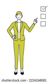 Simple line drawing illustration of a Senior woman in suit,female manager, career woman pointing to a checklist.