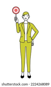 Simple line drawing illustration of a Senior woman in suit,female manager, career woman with his hands folded in front of his body.