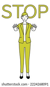 Simple line drawing illustration of a Senior woman in suit,female manager, career woman with his hand out in front of his body,signaling a stop.
