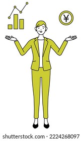 Simple line drawing illustration of a Senior woman in suit,female manager, career woman guiding an image of digital transformation,perforwomance and sales improvement.