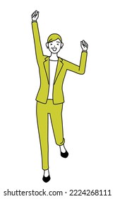 Simple line drawing illustration of a Senior woman in suit,female manager, career woman smiling and jumping.