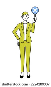 Simple line drawing illustration of a Senior woman in suit,female manager, career woman holding a bar of buts indicating incorrect answers.