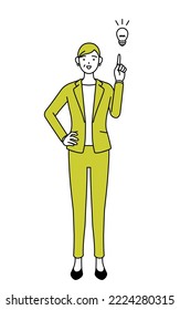 Simple line drawing illustration of a Senior woman in suit,female manager, career woman coming up with an idea.