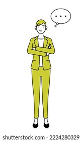 Ilustración de línea simple de una anciana con traje, mujer gerente, mujer de carrera, brazos cruzados, pensamiento.