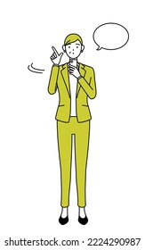 Simple line drawing illustration of a Senior woman in suit,female manager, career woman operating a smartphone.