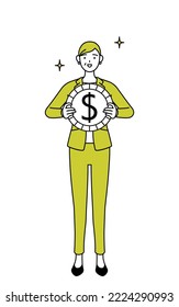 Simple line drawing illustration of a Senior woman in suit,female manager, career woman,with images of foreign exchange gains and dollar appreciation.