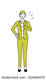 Simple line drawing illustration of a Senior woman in suit,female manager, career woman tapping his chest.