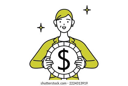 Simple line drawing illustration of a Senior woman in suit,female manager, career woman,with images of foreign exchange gains and dollar appreciation.