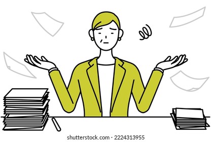 Simple line drawing illustration of a Senior woman in suit,female manager, career woman who is fed up with his unorganized business.