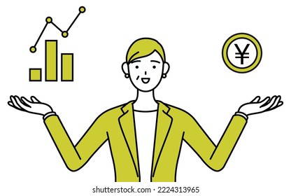 Einfache Zeichenkunst-Illustration einer Senior Frau im Anzug, weibliche Geschäftsführerin, Karrierefrau, die ein Bild von digitaler Transformation, Leistung und Verkaufsverbesserung leitet.