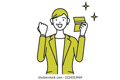 Simple line drawing illustration of a Senior woman in suit,female manager, career woman who is pleased to see a bankbook.