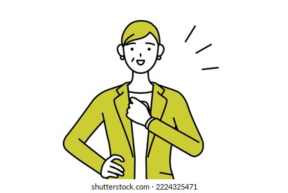 Simple line drawing illustration of a Senior woman in suit,female manager, career woman tapping his chest.