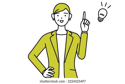 Simple line drawing illustration of a Senior woman in suit,female manager, career woman coming up with an idea.