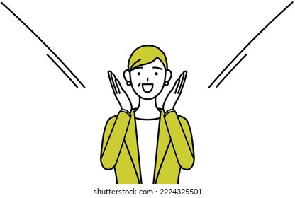 Simple line drawing illustration Senior woman in suit female manager  career woman calling out and his hand over his mouth 