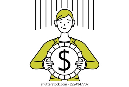 Simple line drawing illustration of a Senior woman in suit,female manager, career woman,an image of exchange loss or dollar depreciation