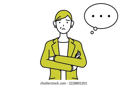Simple line drawing illustration of a Senior woman in suit,female manager, career woman,arms crossed,thinking.