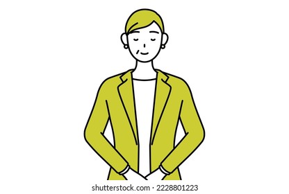 Simple line drawing illustration of a Senior woman in suit,female manager, career woman lightly bowing.