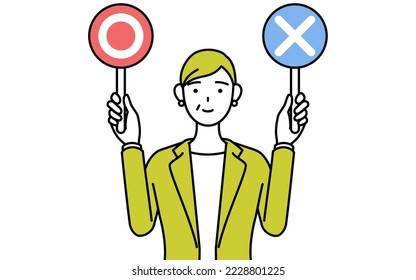 Simple line drawing illustration of a Senior woman in suit,female manager, career woman holding a stick indicating correct and incorrect answers.