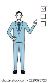Ilustración de líneas simples de un empresario de alto nivel, ejecutivos, gerentes y presidentes que apuntan a una lista de verificación.