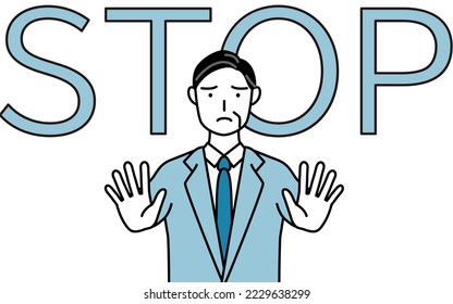 Simple line drawing illustration of a Senior businessmen, executives, managers and presidents with his hand out in front of his body,signaling a stop.