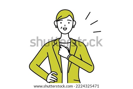 Simple line drawing illustration of a Senior woman in suit,female manager, career woman tapping his chest.