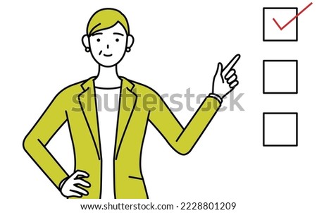 Simple line drawing illustration of a Senior woman in suit,female manager, career woman pointing to a checklist.