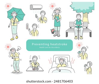 Simple line drawing illustration set of elderly people taking measures against heat stroke