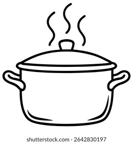 A simple line drawing illustration of a steaming pot with a lid and handles. Perfect for cooking, food, and kitchen related projects. Clean and minimalist style.