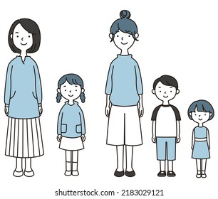 Simple line drawing illustration of two mothers and children