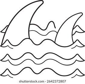 Simple line drawing illustration of two shark fins emerging from wavy ocean water.  Perfect for children's books, educational materials, or playful designs.