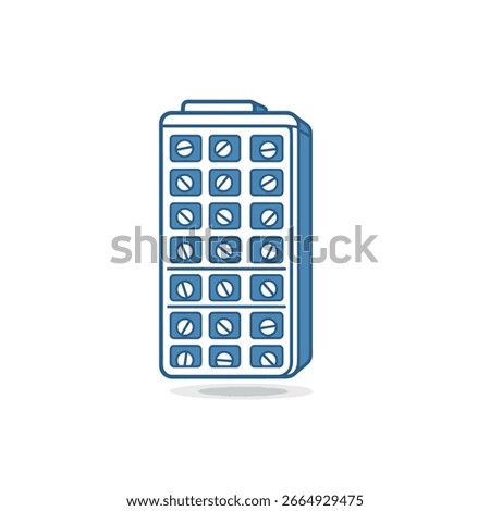 A simple line drawing illustration of a weekly pill organizer, showing compartments filled with pills.  The design is clean and modern.