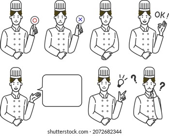A simple line drawing illustration of a white background with a variation of the facial expression of a chef-like good young man wearing an Asian cook coat that seems to be sincere and kind