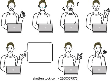 A simple line drawing illustration of a white background with variations of facial expressions of an Asian young man sitting in front of a computer in the image of an engineer of a venture IT company