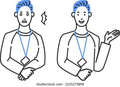 A simple line drawing illustration of a white background with variations of facial expressions of Asian youths who imagined engineers of venture IT companies